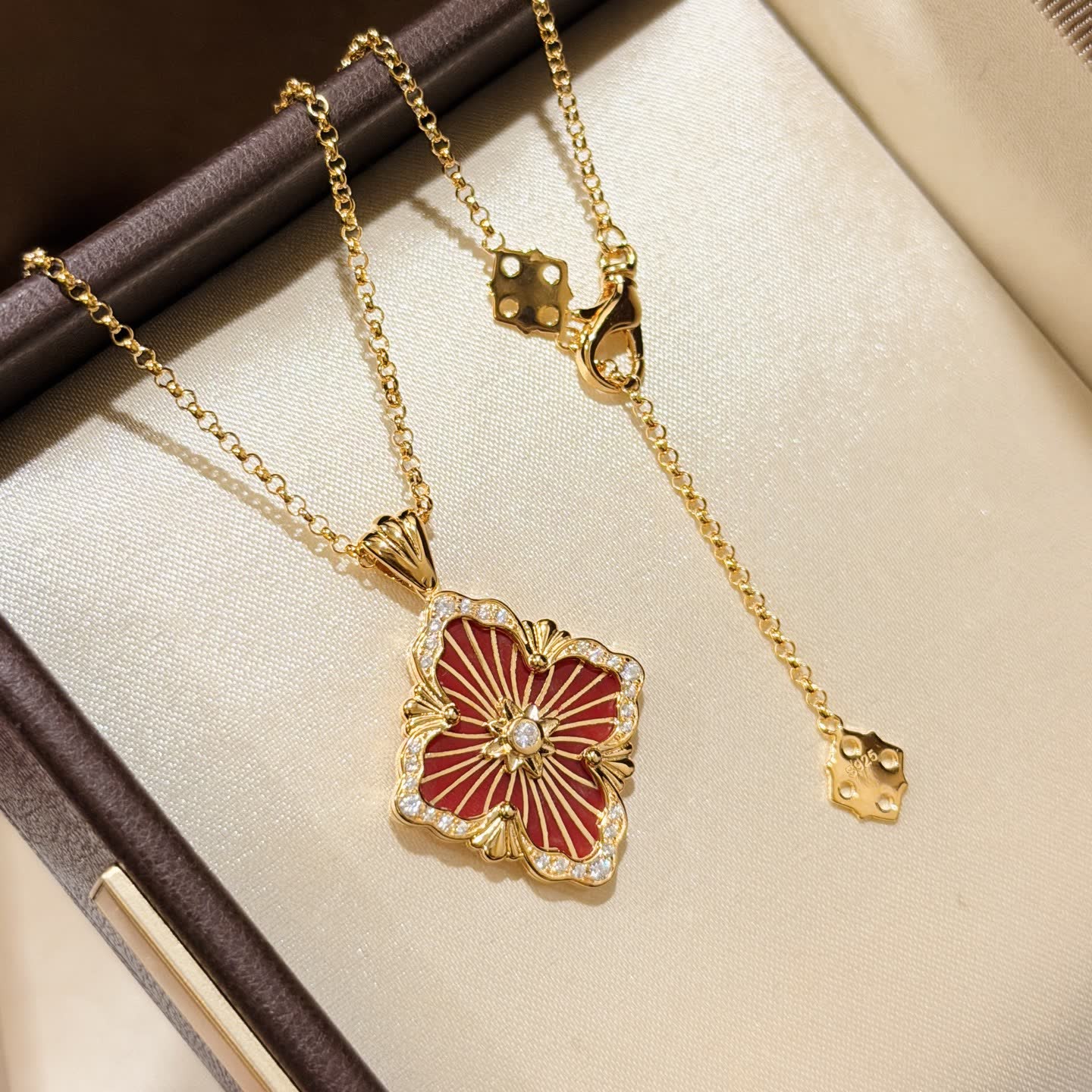 Van Cleef & Arpels Elegant Gold and Red Enamel Flower Pendant Necklace